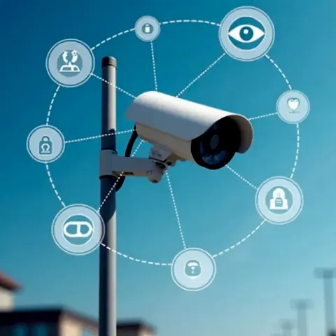Câmera de segurança num poste, com ícones de proteção ligados em rede em volta dela e o céu azul ao fundo